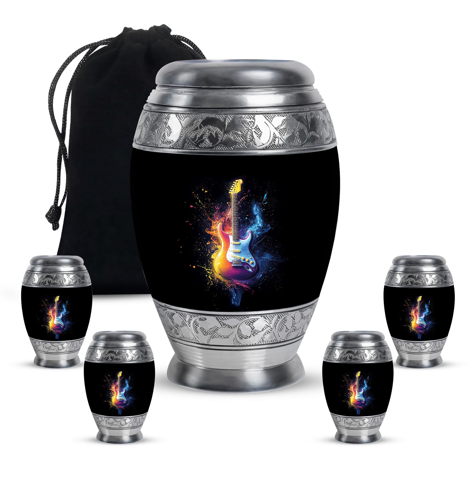 Charcoal Black Guitar Cremation Urn detail view - royal guitar engraving with decorative scrollwork - memorial set with one large and four small urns