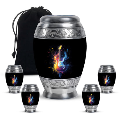 Charcoal Black Guitar Cremation Urn detail view - royal guitar engraving with decorative scrollwork - memorial set with one large and four small urns