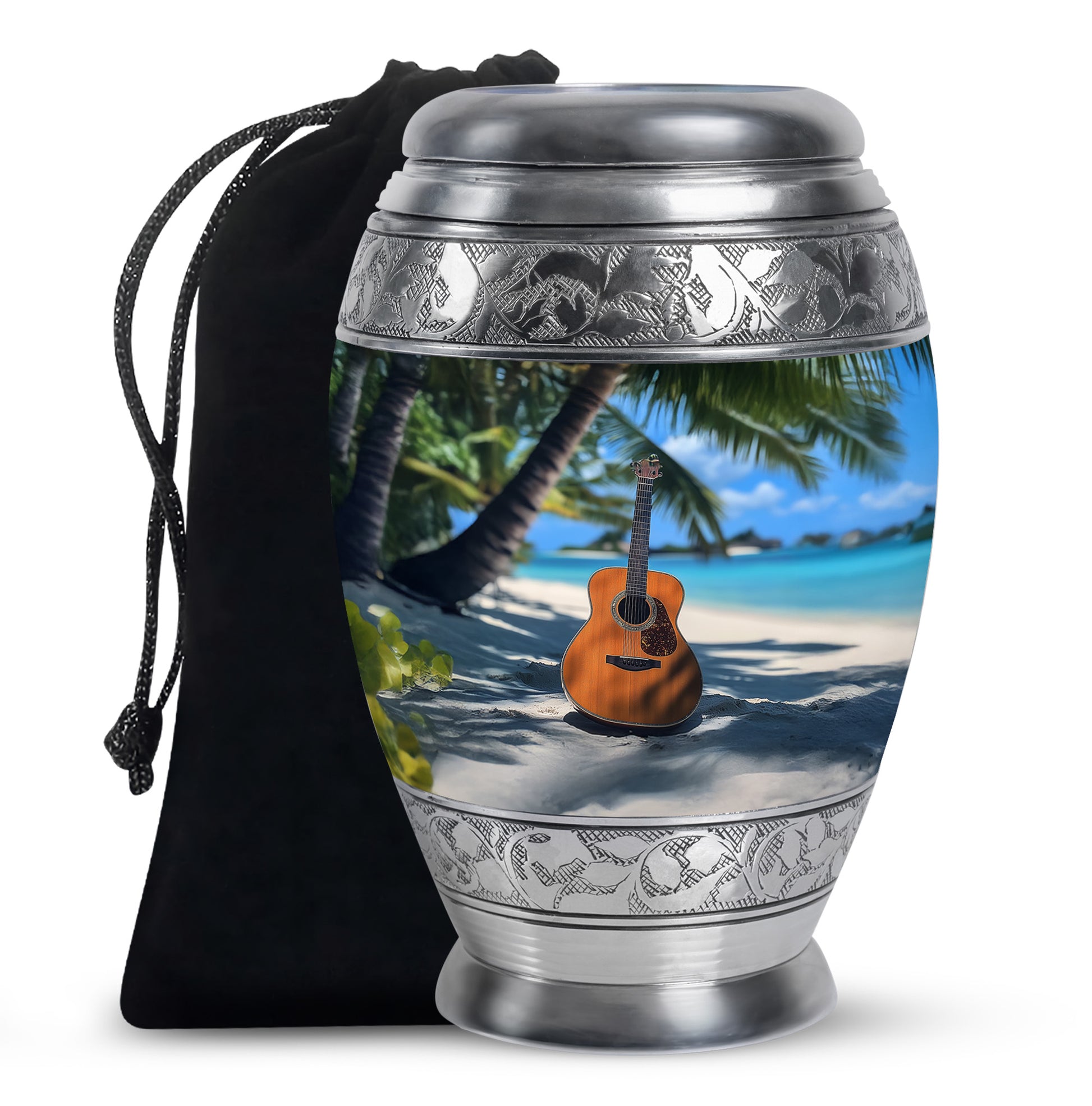 Twilight Blue Guitar Cremation Urn back view with polished surface - royal guitar engraving with decorative scrollwork - full-size 10 inch 200 cubic inch adult cremation urn