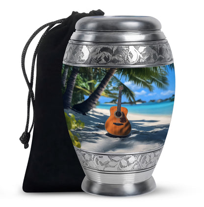 Twilight Blue Guitar Cremation Urn back view with polished surface - royal guitar engraving with decorative scrollwork - full-size 10 inch 200 cubic inch adult cremation urn