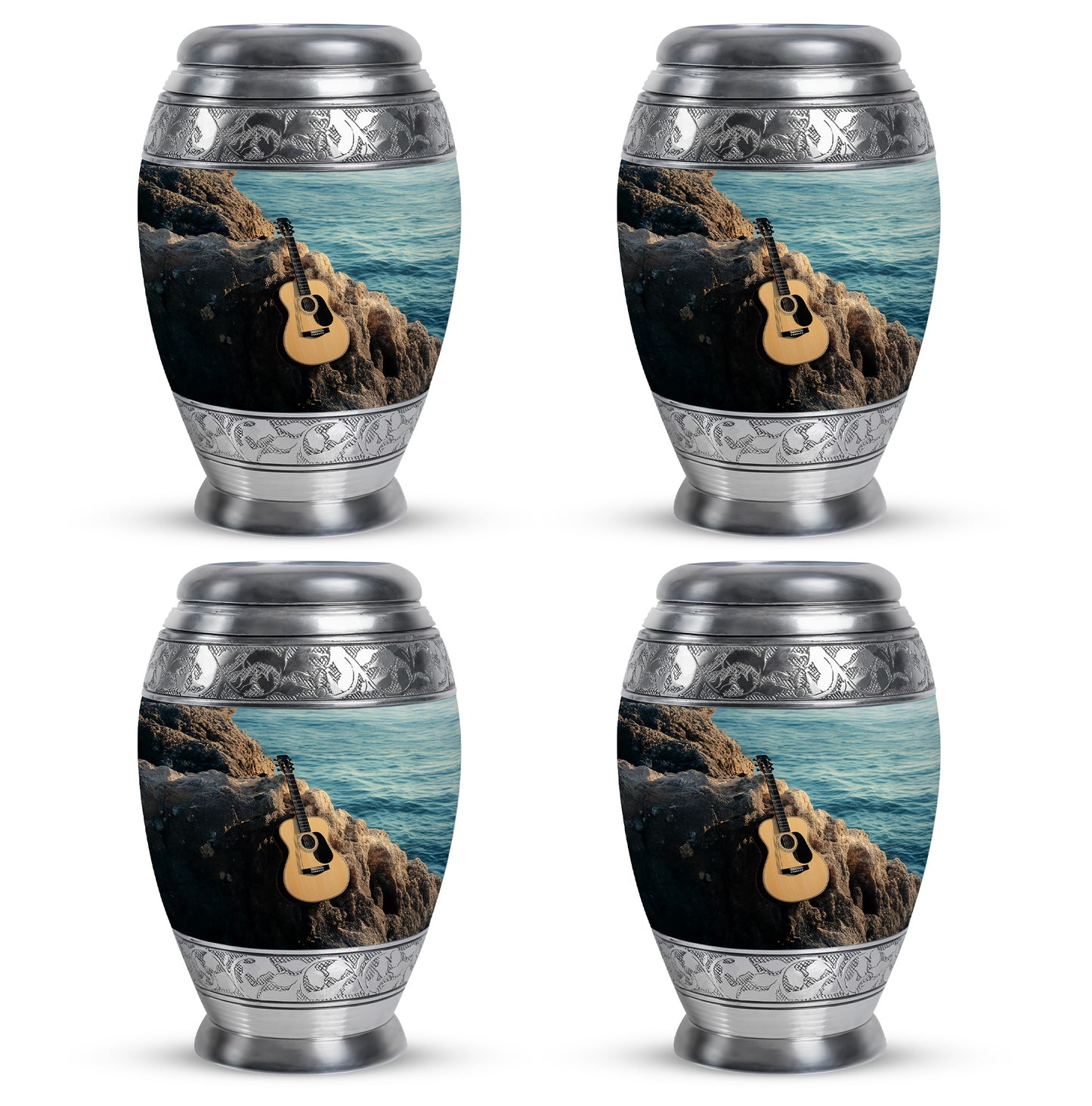 Tropical Teal Guitar Cremation Urn urn with complimentary velvet bag - majestic guitar pattern with filigree border - 10 inch aluminum urn for cremated remains