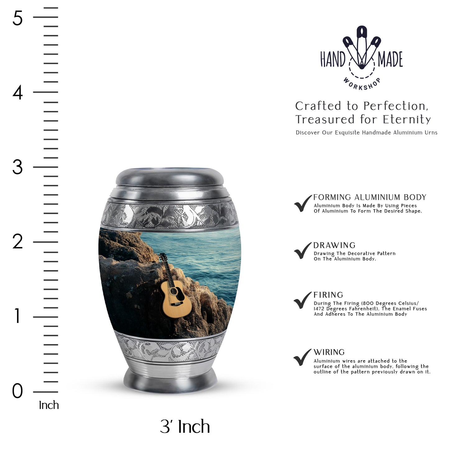 Cool Teal Guitar Cremation Urn lifestyle display on memorial shelf - regal guitar design with crown-inspired accents - mini keepsake memorial for portion of cremation ashes