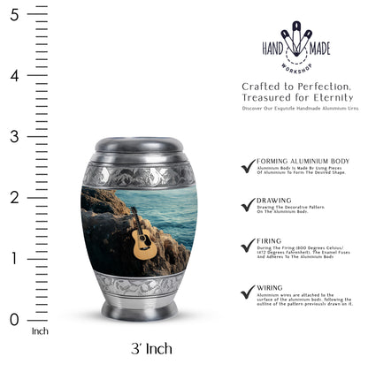 Cool Teal Guitar Cremation Urn lifestyle display on memorial shelf - regal guitar design with crown-inspired accents - mini keepsake memorial for portion of cremation ashes