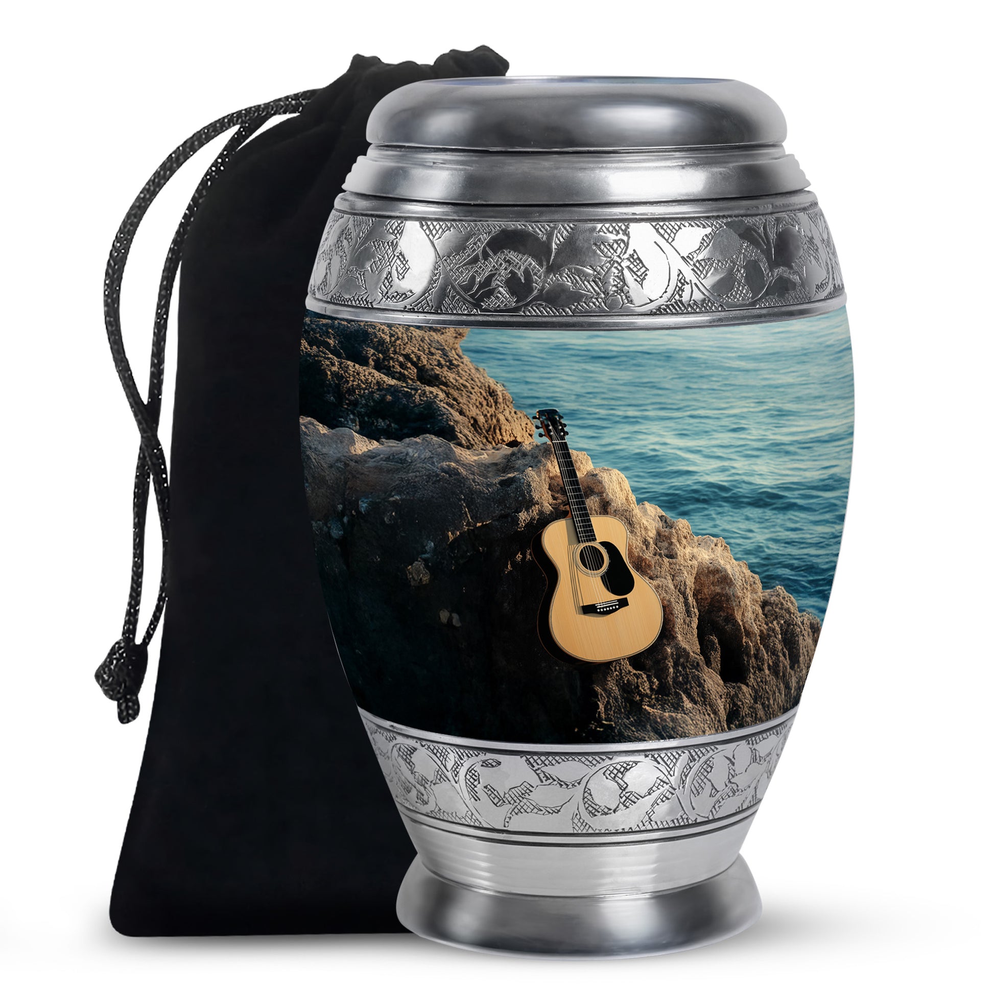 Aqua Teal Guitar Cremation Urn back view with polished surface - royal guitar engraving with decorative scrollwork - full-size 10 inch 200 cubic inch adult cremation urn