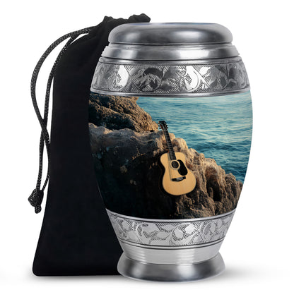Aqua Teal Guitar Cremation Urn back view with polished surface - royal guitar engraving with decorative scrollwork - full-size 10 inch 200 cubic inch adult cremation urn