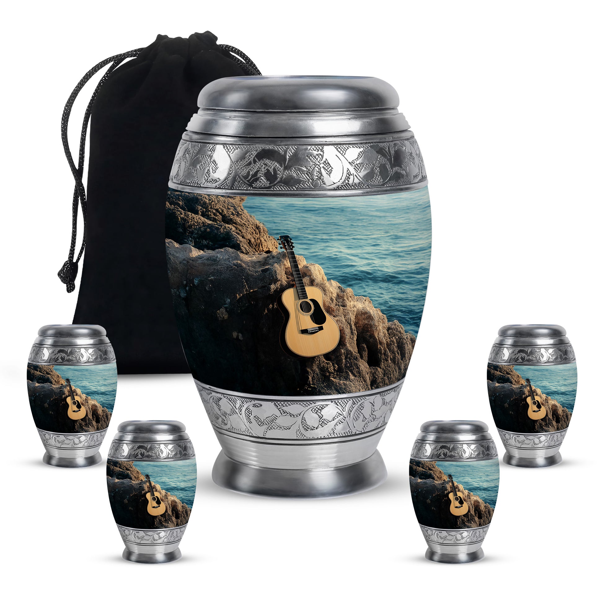 Vivid Teal Guitar Cremation Urn detail view - royal guitar engraving with decorative scrollwork - memorial set with one large and four small urns