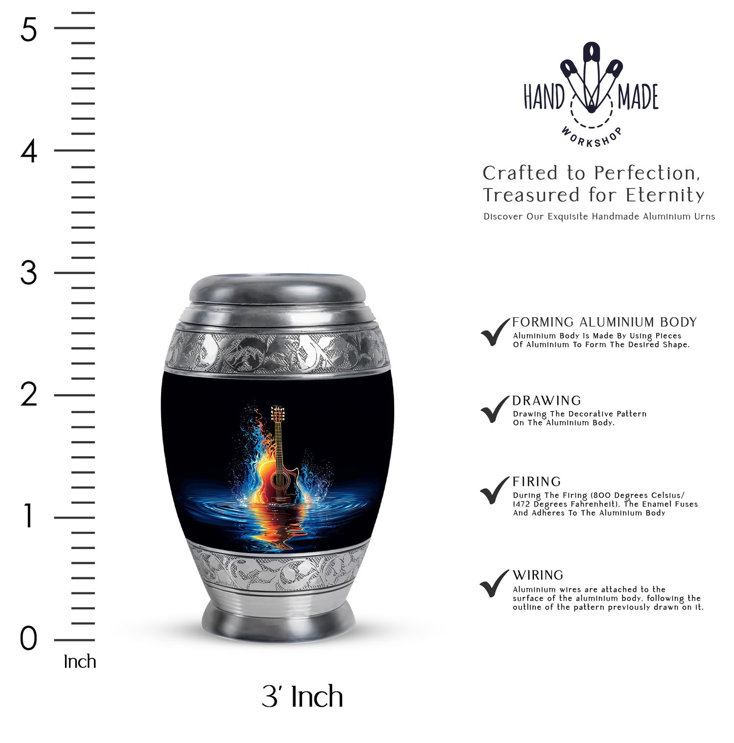 Deep Black Guitar Cremation Urn lifestyle display on memorial shelf - ornate monarch-style guitar relief on brushed aluminum - mini keepsake memorial for portion of cremation ashes