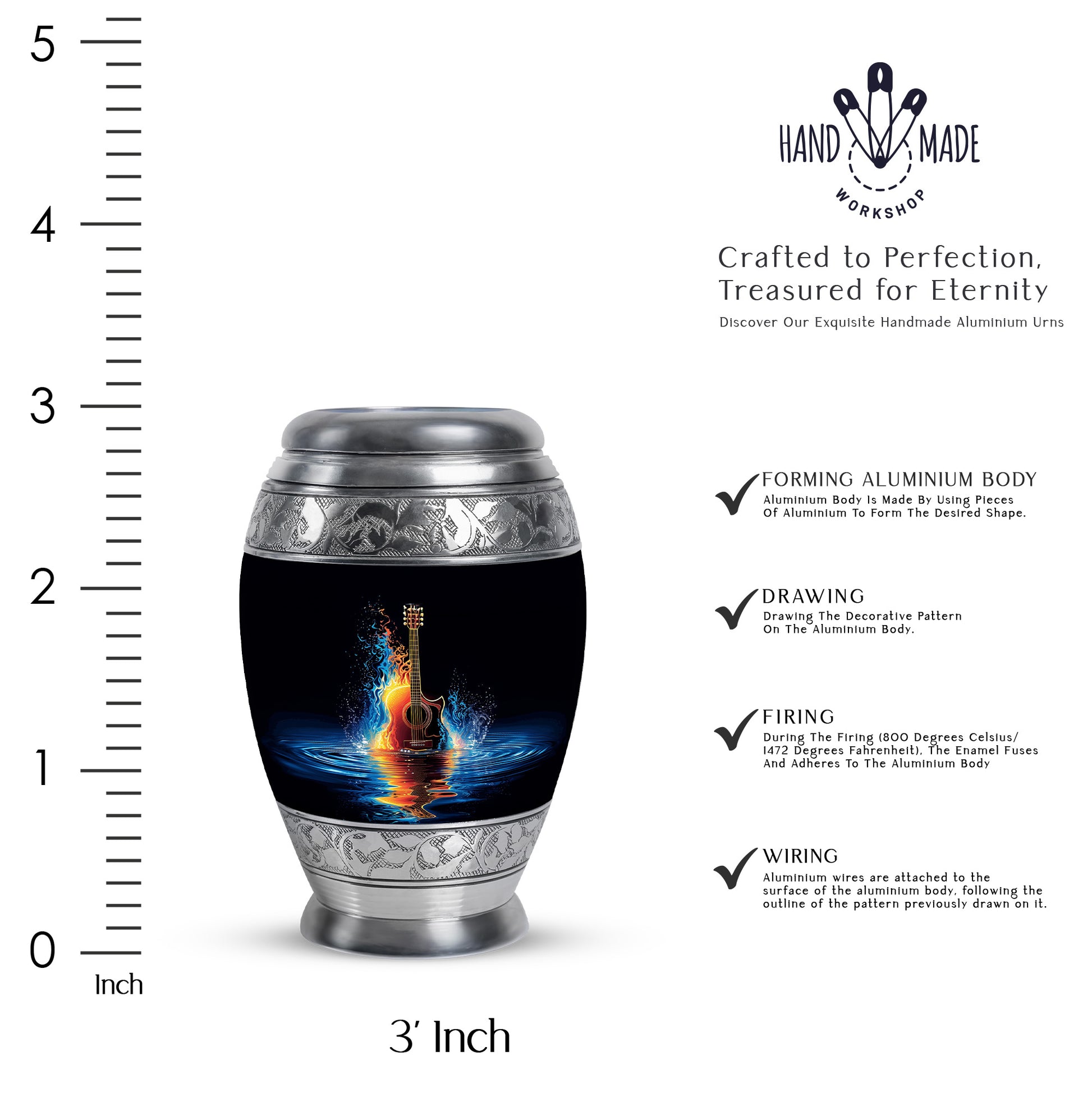 Deep Black Guitar Cremation Urn lifestyle display on memorial shelf - ornate monarch-style guitar relief on brushed aluminum - mini keepsake memorial for portion of cremation ashes