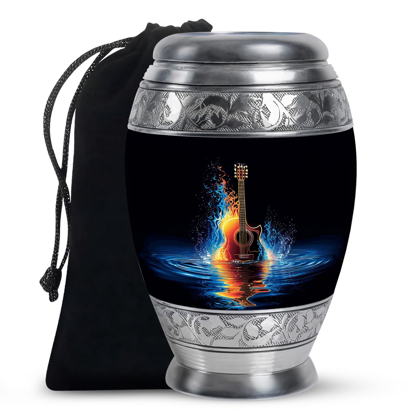 Glossy Black Guitar Cremation Urn back view with polished surface - ornate monarch-style guitar relief on brushed aluminum - full-size 10 inch 200 cubic inch adult cremation urn