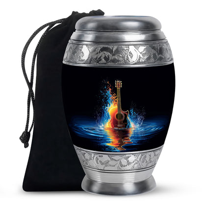 Glossy Black Guitar Cremation Urn back view with polished surface - ornate monarch-style guitar relief on brushed aluminum - full-size 10 inch 200 cubic inch adult cremation urn
