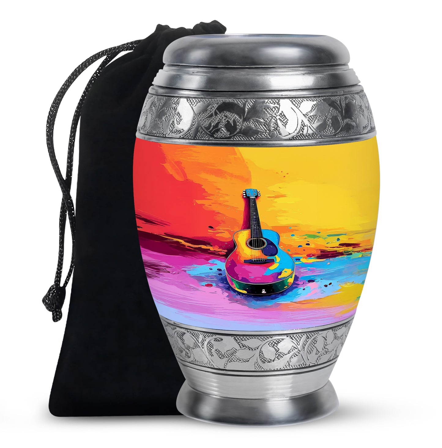 Champagne Gold Guitar Cremation Urn back view with polished surface - ornate monarch-style guitar relief on brushed aluminum - full-size 10 inch 200 cubic inch adult cremation urn