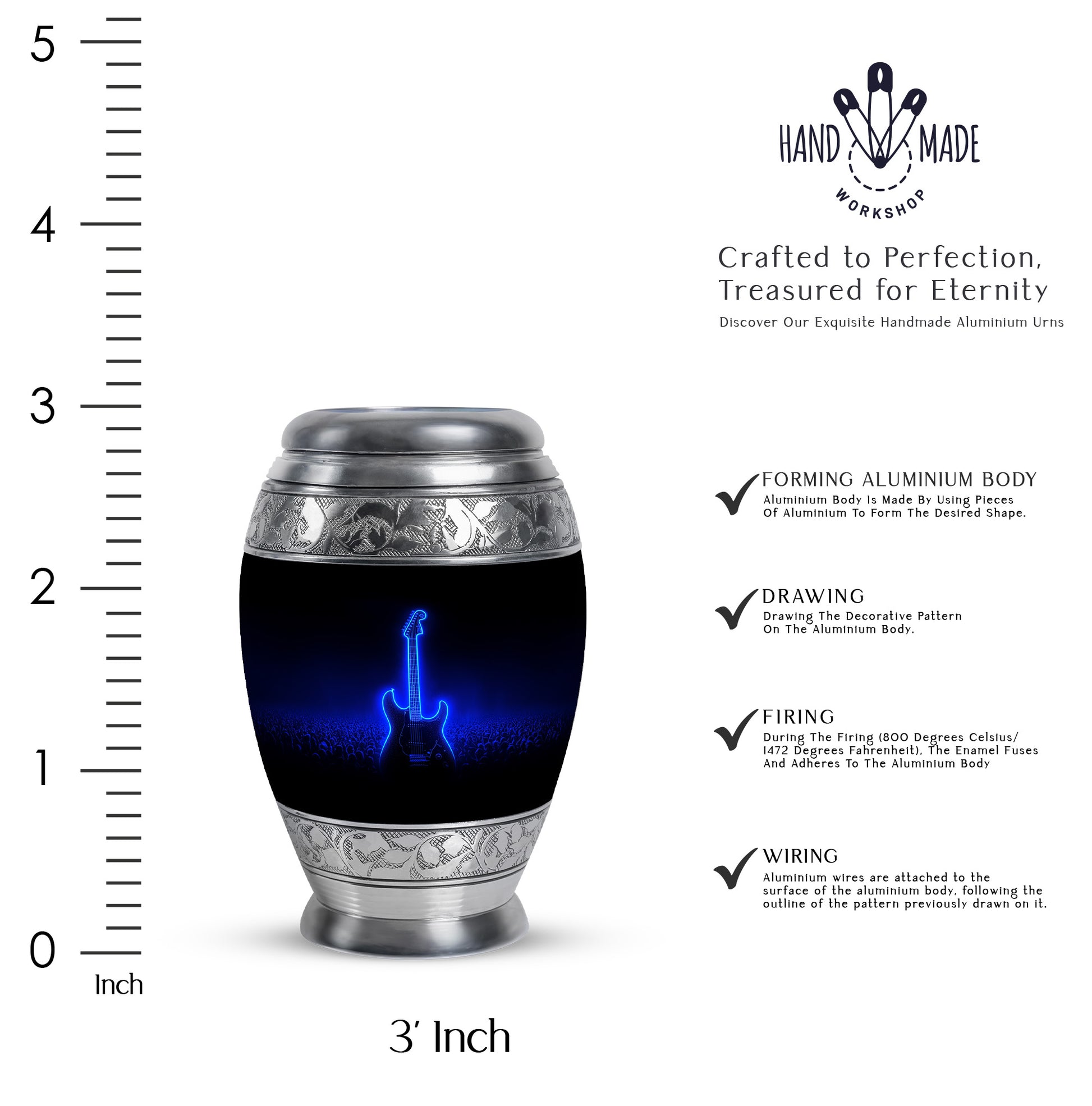 Deep Black Guitar Cremation Urn lifestyle display on memorial shelf - regal guitar design with crown-inspired accents - mini keepsake memorial for portion of cremation ashes
