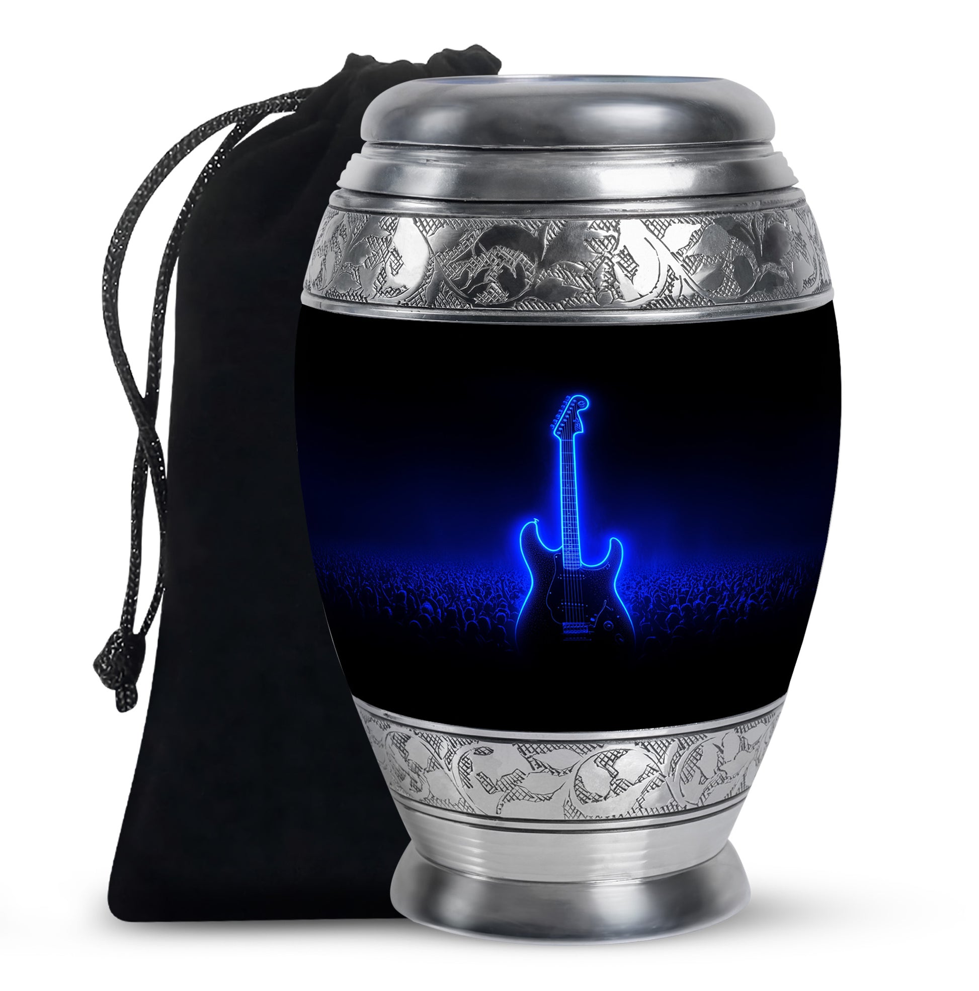 Dark Black Guitar Cremation Urn back view with polished surface - royal guitar engraving with decorative scrollwork - full-size 10 inch 200 cubic inch adult cremation urn