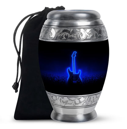 Dark Black Guitar Cremation Urn back view with polished surface - royal guitar engraving with decorative scrollwork - full-size 10 inch 200 cubic inch adult cremation urn