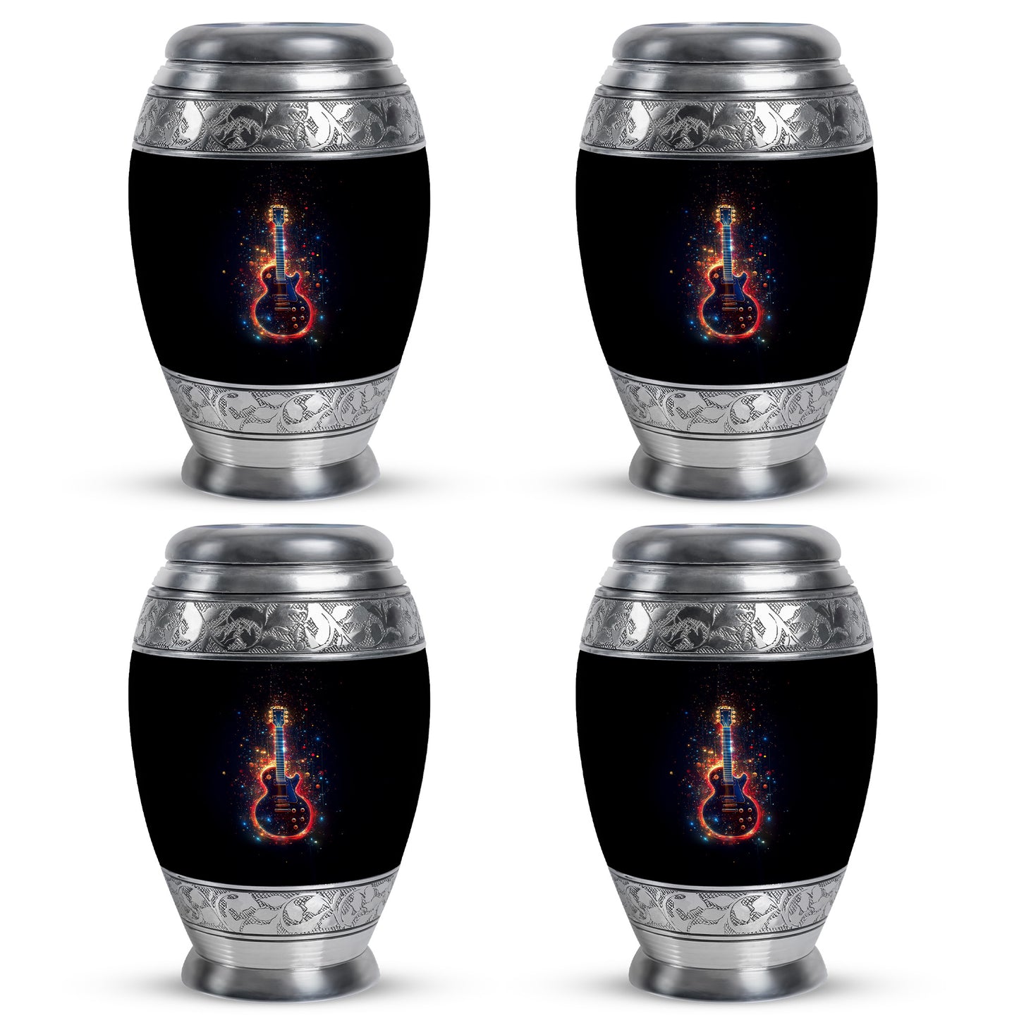 Obsidian Black Guitar Cremation Urn urn with complimentary velvet bag - majestic guitar pattern with filigree border - 10 inch aluminum urn for cremated remains