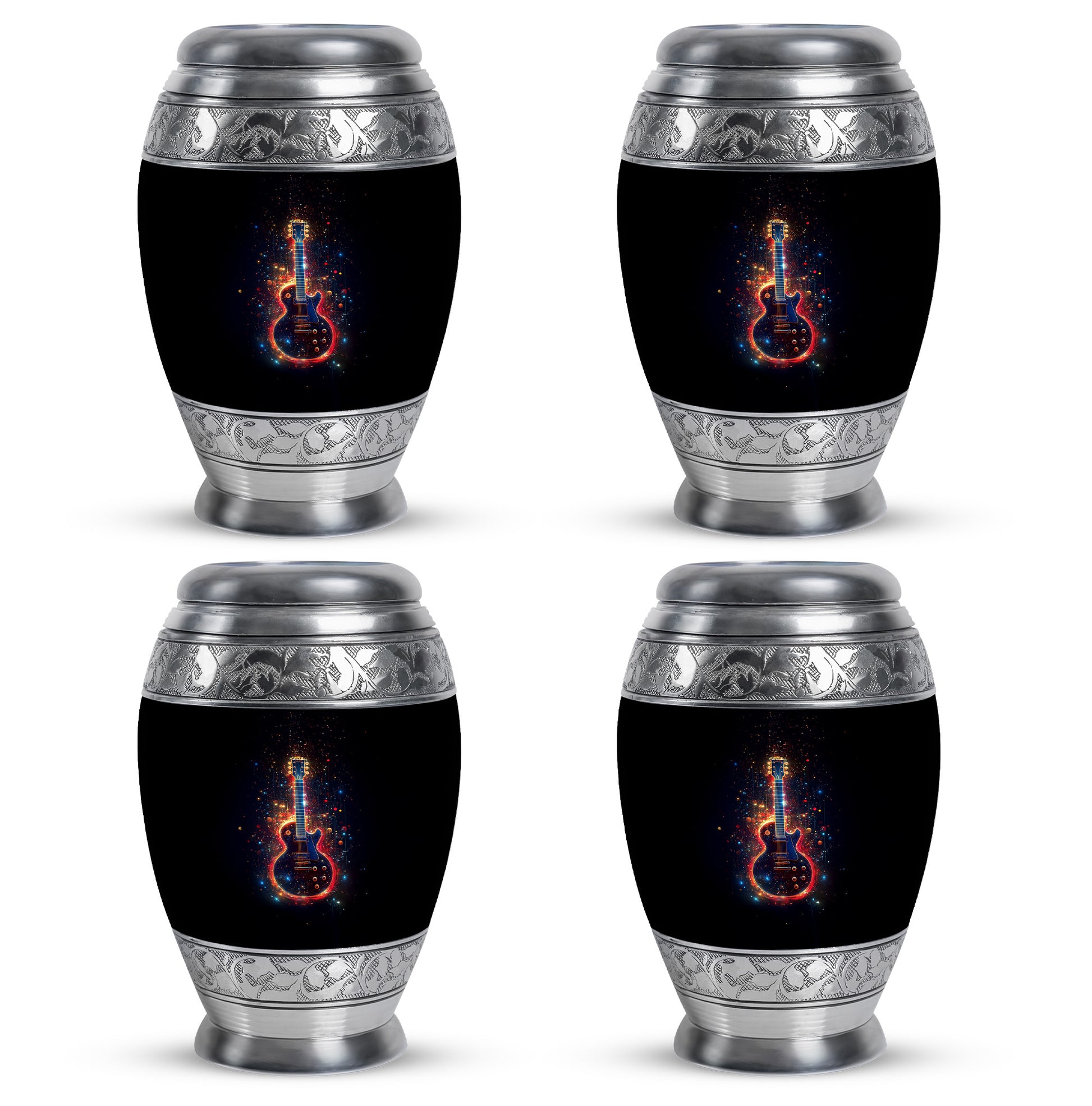 Obsidian Black Guitar Cremation Urn urn with complimentary velvet bag - majestic guitar pattern with filigree border - 10 inch aluminum urn for cremated remains