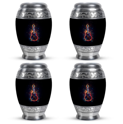 Obsidian Black Guitar Cremation Urn urn with complimentary velvet bag - majestic guitar pattern with filigree border - 10 inch aluminum urn for cremated remains