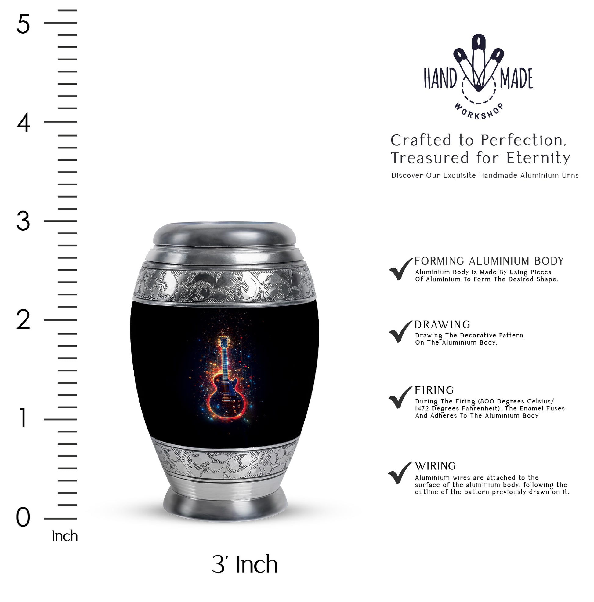 Charcoal Black Guitar Cremation Urn lifestyle display on memorial shelf - royal guitar engraving with decorative scrollwork - mini keepsake memorial for portion of cremation ashes