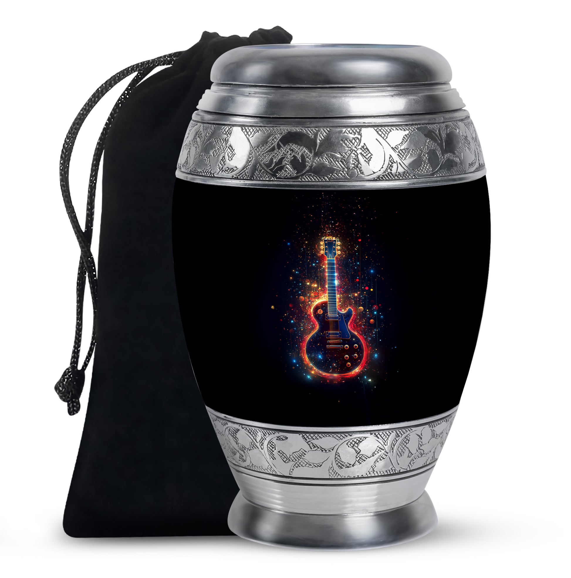 Obsidian Black Guitar Cremation Urn back view with polished surface - royal guitar engraving with decorative scrollwork - full-size 10 inch 200 cubic inch adult cremation urn