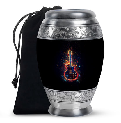 Obsidian Black Guitar Cremation Urn back view with polished surface - royal guitar engraving with decorative scrollwork - full-size 10 inch 200 cubic inch adult cremation urn