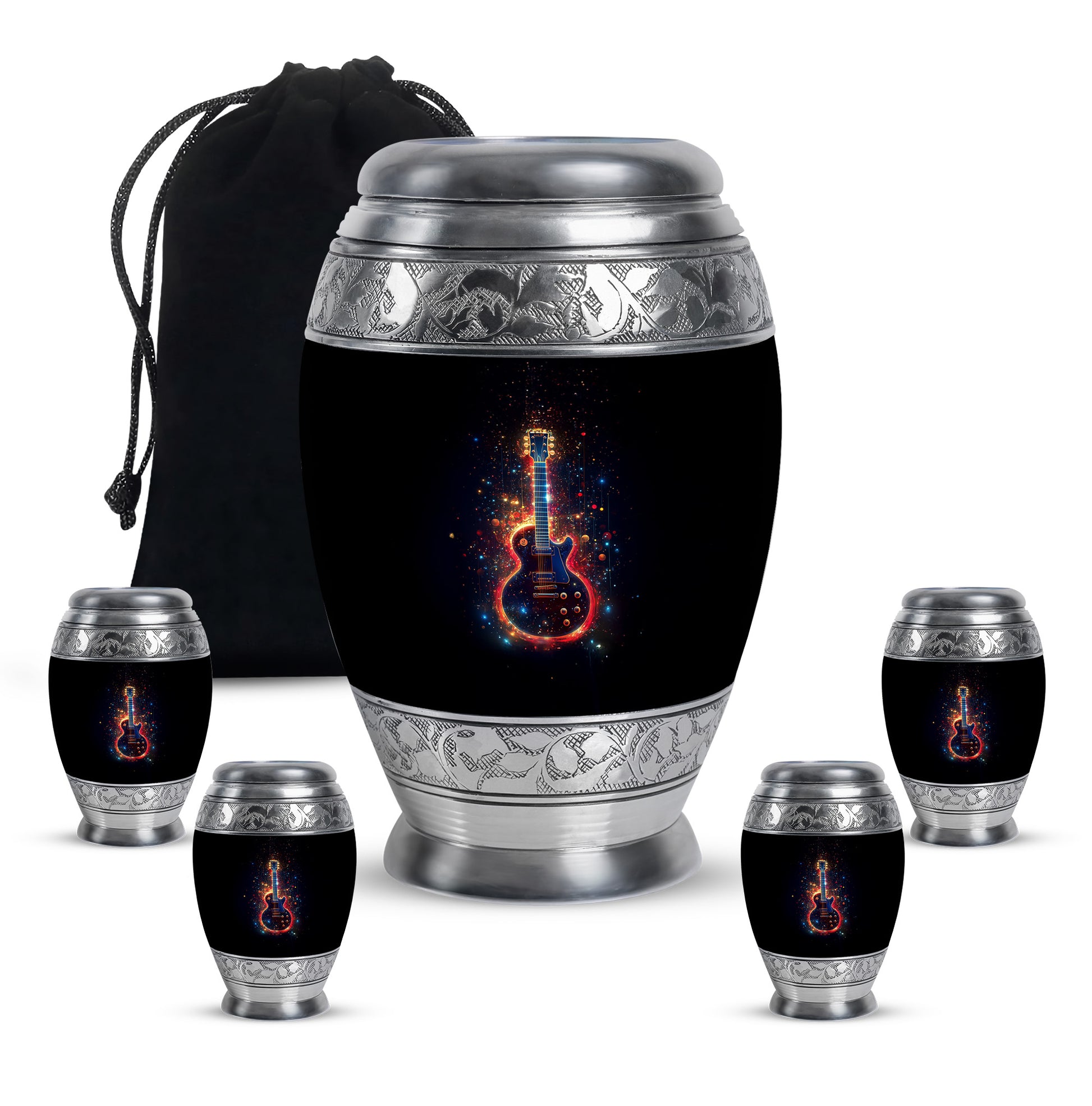 Onyx Black Guitar Cremation Urn detail view - royal guitar engraving with decorative scrollwork - memorial set with one large and four small urns