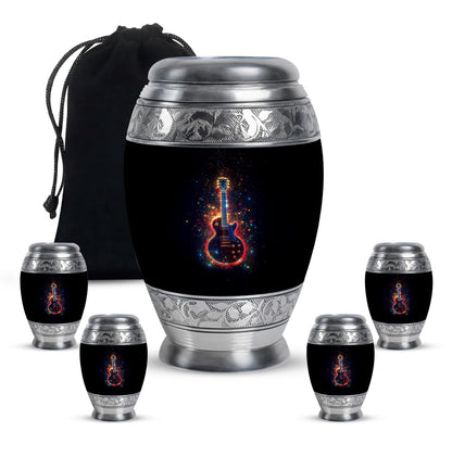 Onyx Black Guitar Cremation Urn detail view - royal guitar engraving with decorative scrollwork - memorial set with one large and four small urns
