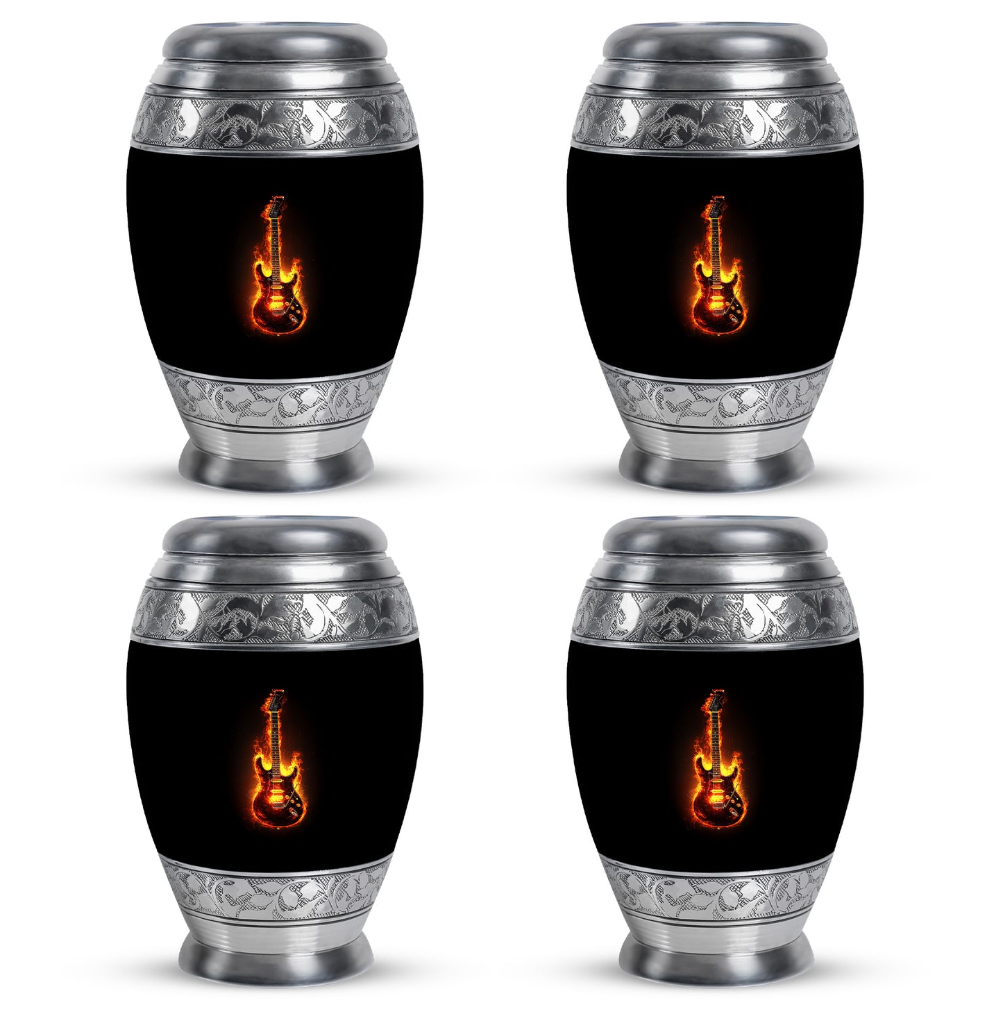 Obsidian Black Guitar Cremation Urn urn with complimentary velvet bag - majestic guitar pattern with filigree border - 10 inch aluminum urn for cremated remains