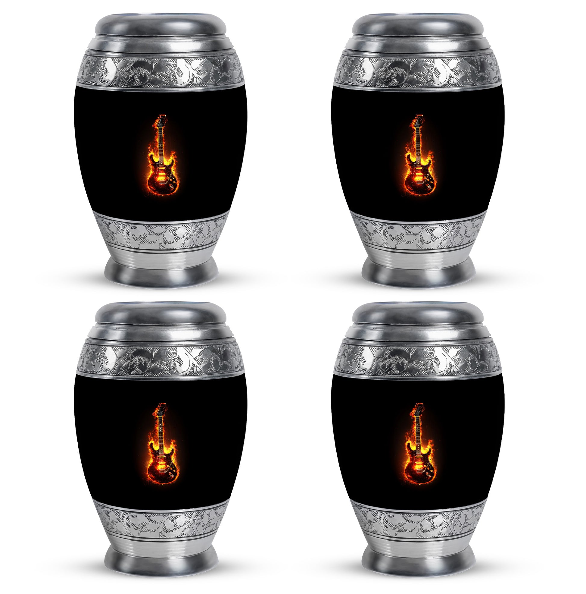 Obsidian Black Guitar Cremation Urn urn with complimentary velvet bag - majestic guitar pattern with filigree border - 10 inch aluminum urn for cremated remains
