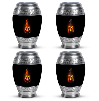 Obsidian Black Guitar Cremation Urn urn with complimentary velvet bag - majestic guitar pattern with filigree border - 10 inch aluminum urn for cremated remains
