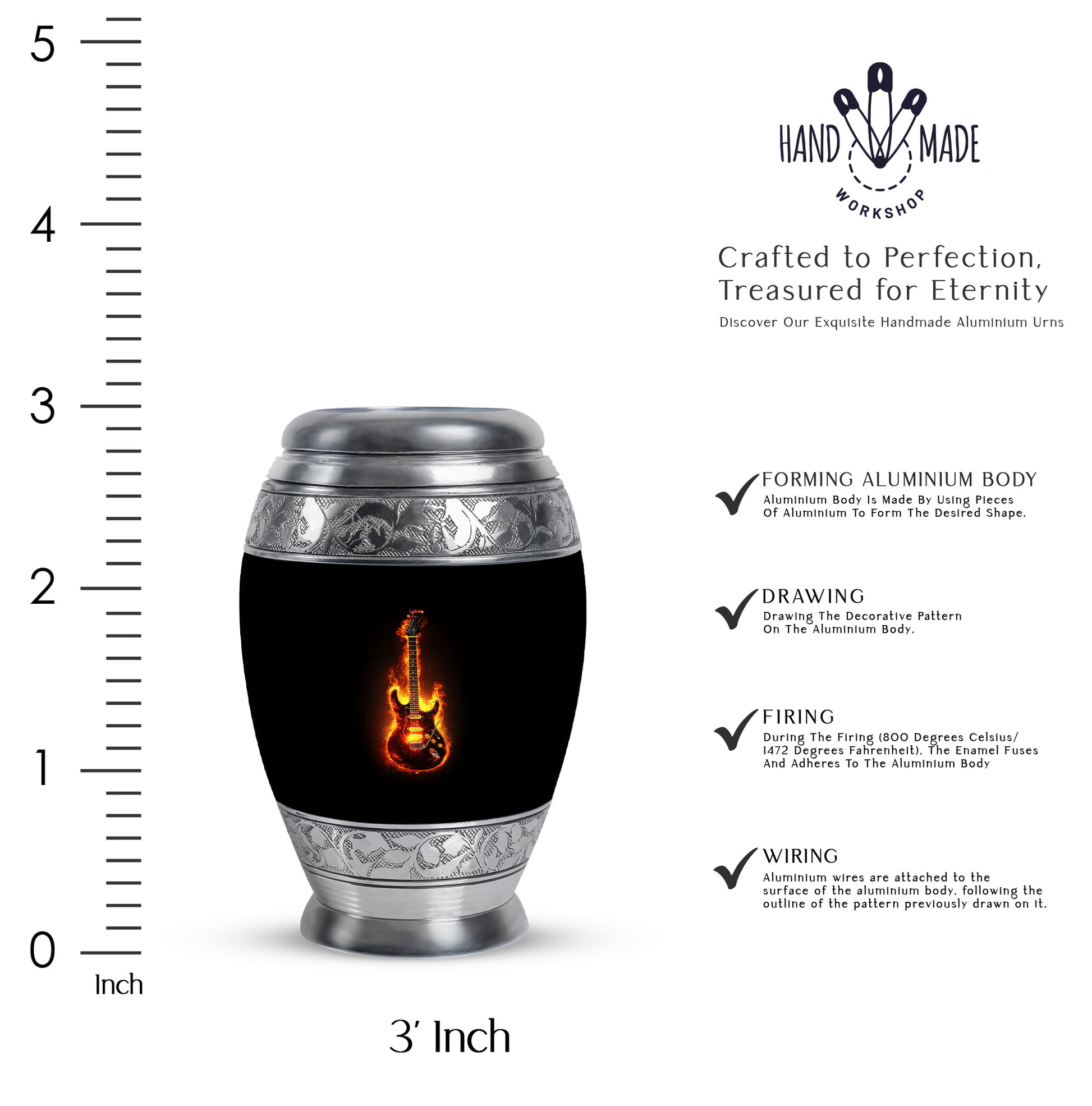 Charcoal Black Guitar Cremation Urn lifestyle display on memorial shelf - majestic guitar pattern with filigree border - mini keepsake memorial for portion of cremation ashes