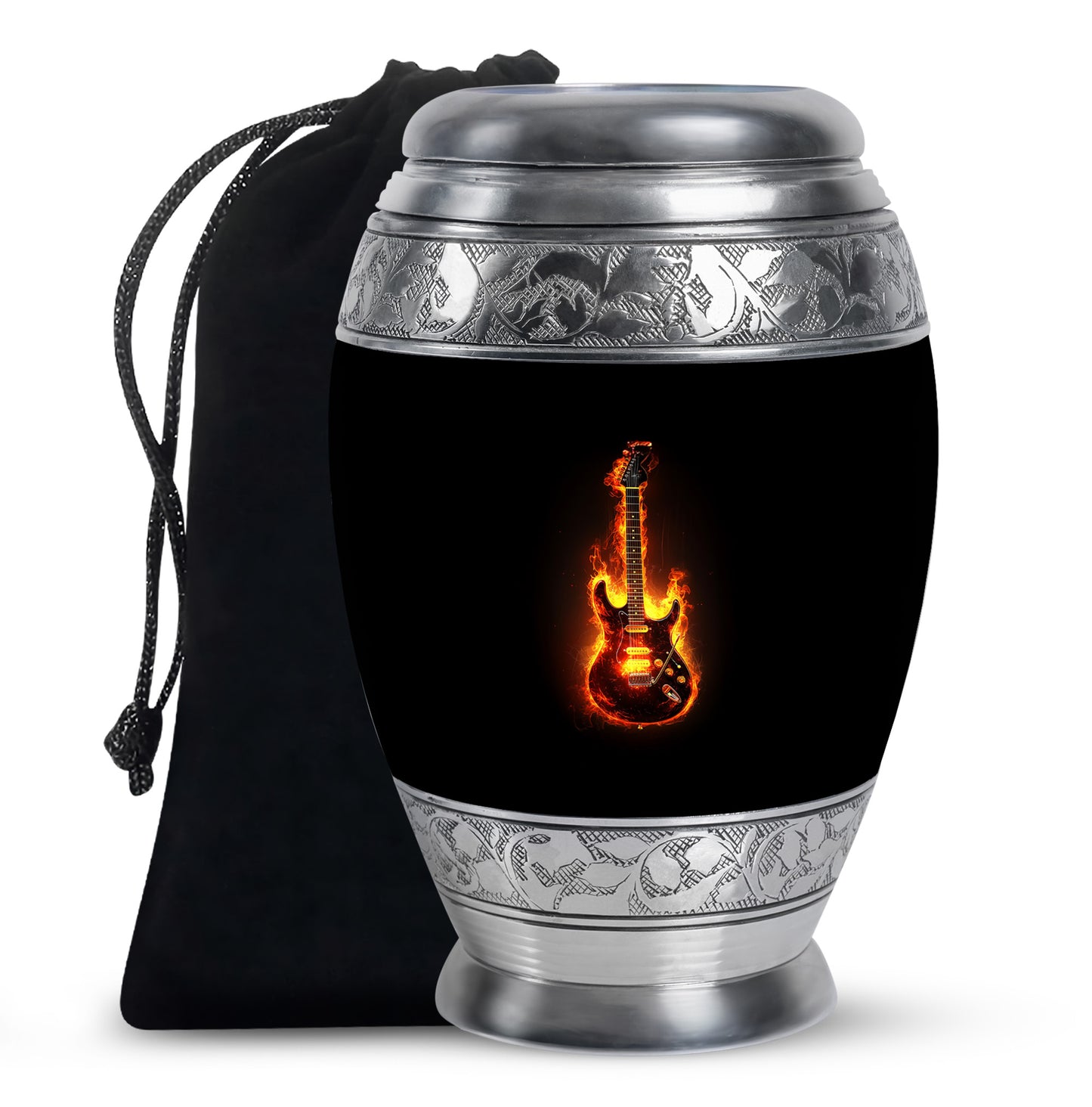 Ebony Guitar Cremation Urn back view with polished surface - regal guitar design with crown-inspired accents - full-size 10 inch 200 cubic inch adult cremation urn