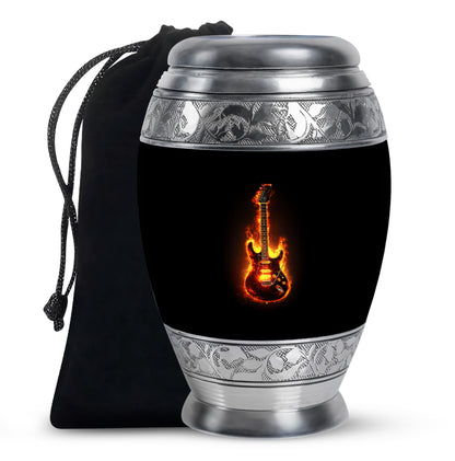 Ebony Guitar Cremation Urn back view with polished surface - regal guitar design with crown-inspired accents - full-size 10 inch 200 cubic inch adult cremation urn