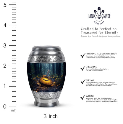 Sapphire Blue Guitar Cremation Urn lifestyle display on memorial shelf - royal guitar engraving with decorative scrollwork - mini keepsake memorial for portion of cremation ashes