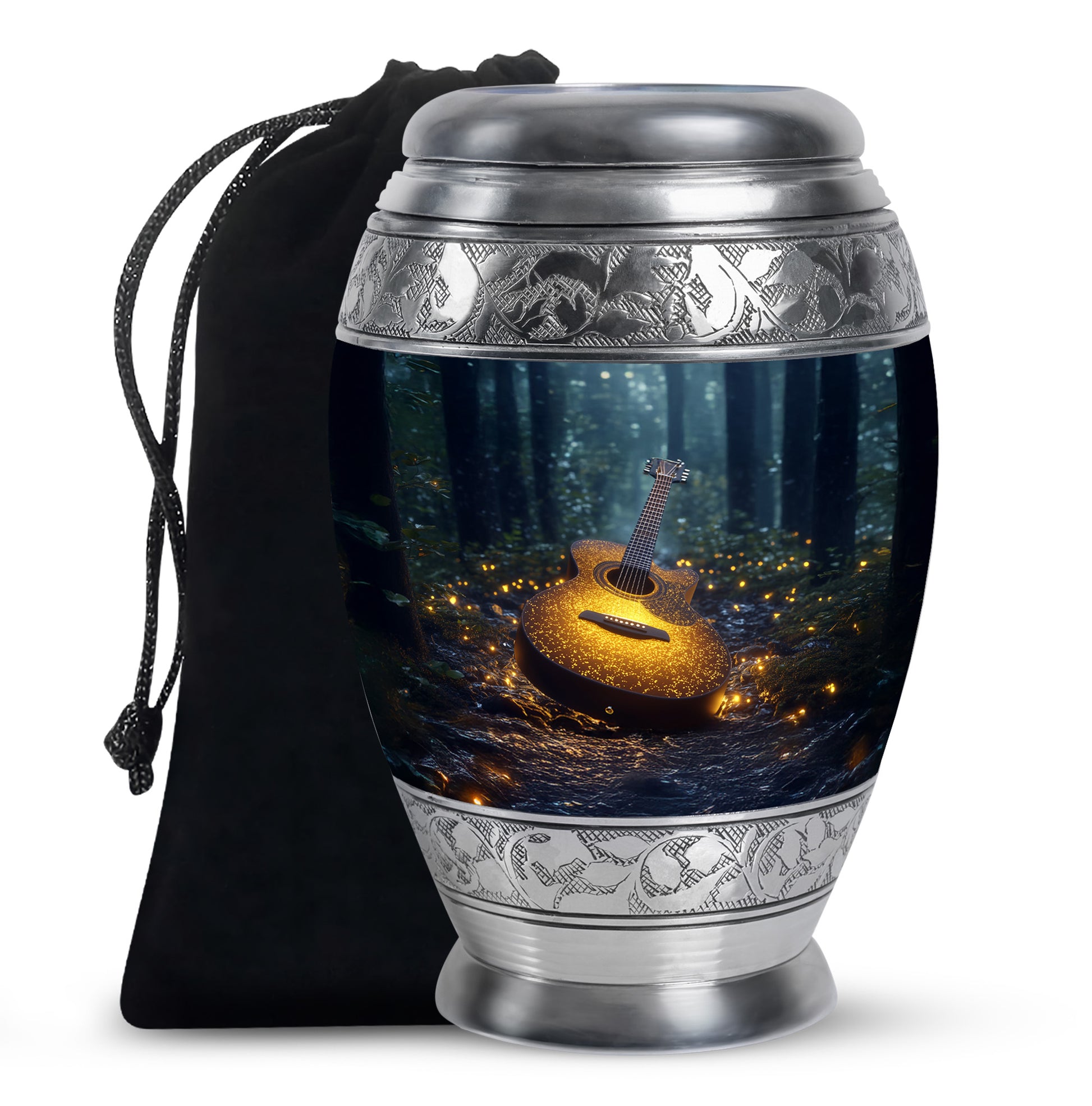 Sapphire Blue Guitar Cremation Urn back view with polished surface - majestic guitar pattern with filigree border - full-size 10 inch 200 cubic inch adult cremation urn