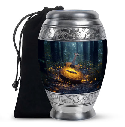 Sapphire Blue Guitar Cremation Urn back view with polished surface - majestic guitar pattern with filigree border - full-size 10 inch 200 cubic inch adult cremation urn
