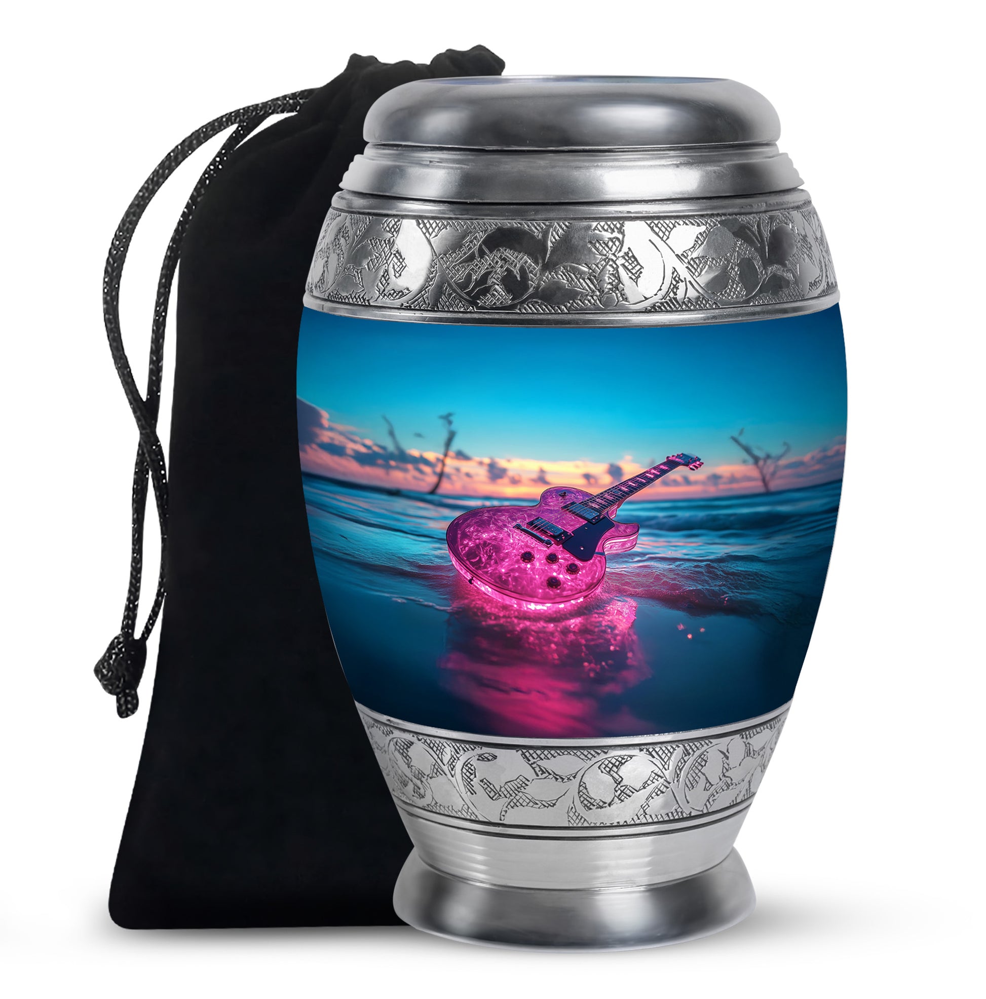 Aqua Teal Guitar Cremation Urn back view with polished surface - majestic guitar pattern with filigree border - full-size 10 inch 200 cubic inch adult cremation urn