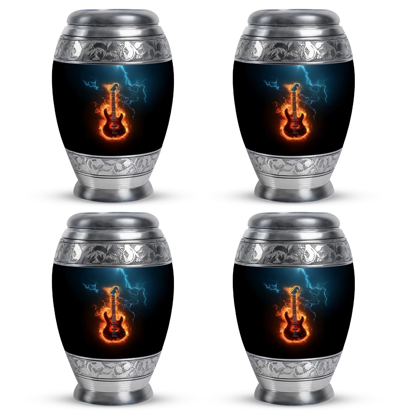Glossy Black Guitar Cremation Urn urn with complimentary velvet bag - ornate monarch-style guitar relief on brushed aluminum - 10 inch aluminum urn for cremated remains