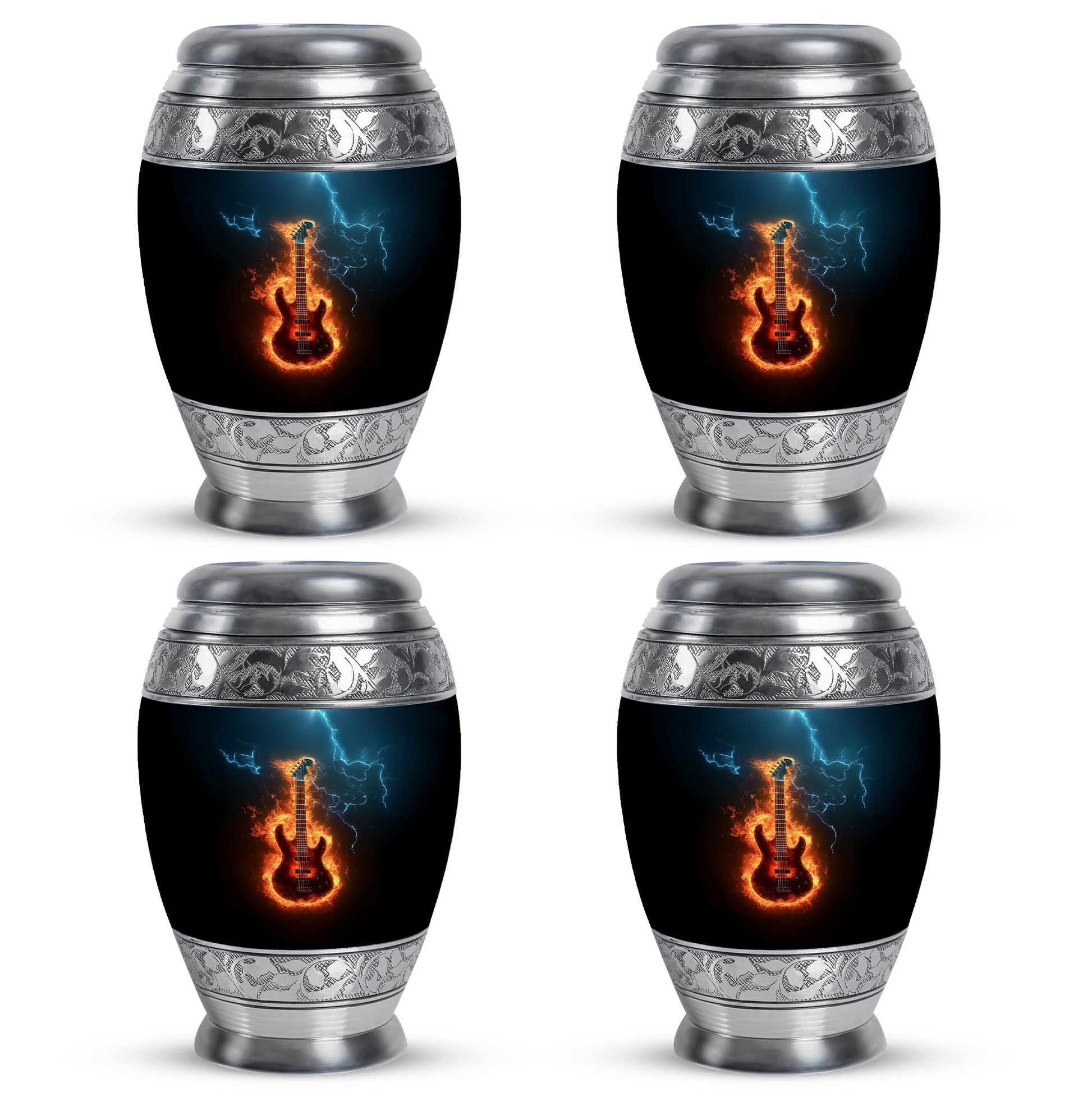 Glossy Black Guitar Cremation Urn urn with complimentary velvet bag - ornate monarch-style guitar relief on brushed aluminum - 10 inch aluminum urn for cremated remains