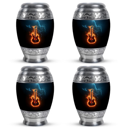 Glossy Black Guitar Cremation Urn urn with complimentary velvet bag - ornate monarch-style guitar relief on brushed aluminum - 10 inch aluminum urn for cremated remains