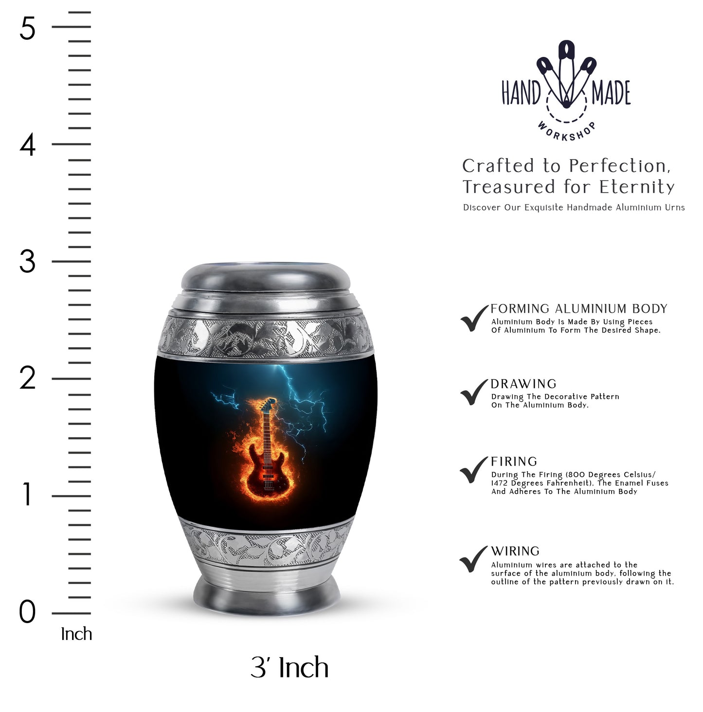 Glossy Black Guitar Cremation Urn lifestyle display on memorial shelf - regal guitar design with crown-inspired accents - mini keepsake memorial for portion of cremation ashes