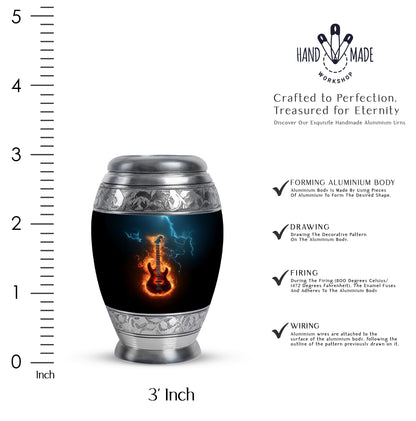 Glossy Black Guitar Cremation Urn lifestyle display on memorial shelf - regal guitar design with crown-inspired accents - mini keepsake memorial for portion of cremation ashes