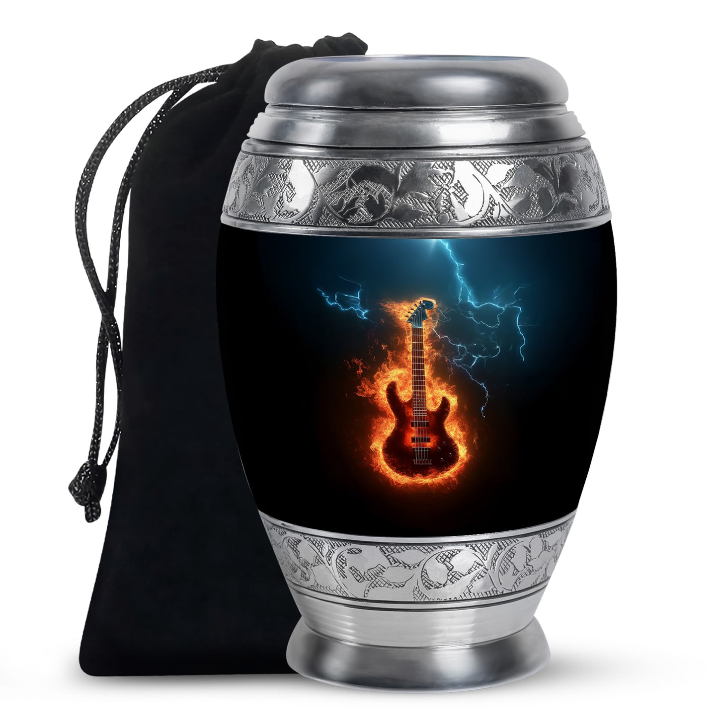 Onyx Black Guitar Cremation Urn back view with polished surface - royal guitar engraving with decorative scrollwork - full-size 10 inch 200 cubic inch adult cremation urn
