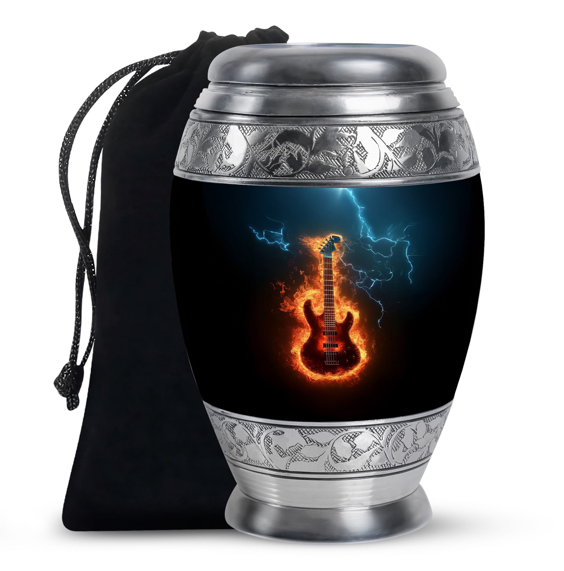 Onyx Black Guitar Cremation Urn back view with polished surface - royal guitar engraving with decorative scrollwork - full-size 10 inch 200 cubic inch adult cremation urn