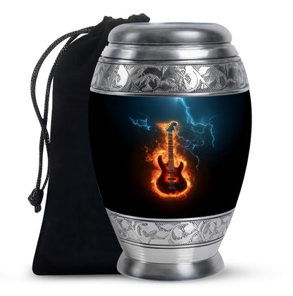 Onyx Black Guitar Cremation Urn back view with polished surface - royal guitar engraving with decorative scrollwork - full-size 10 inch 200 cubic inch adult cremation urn