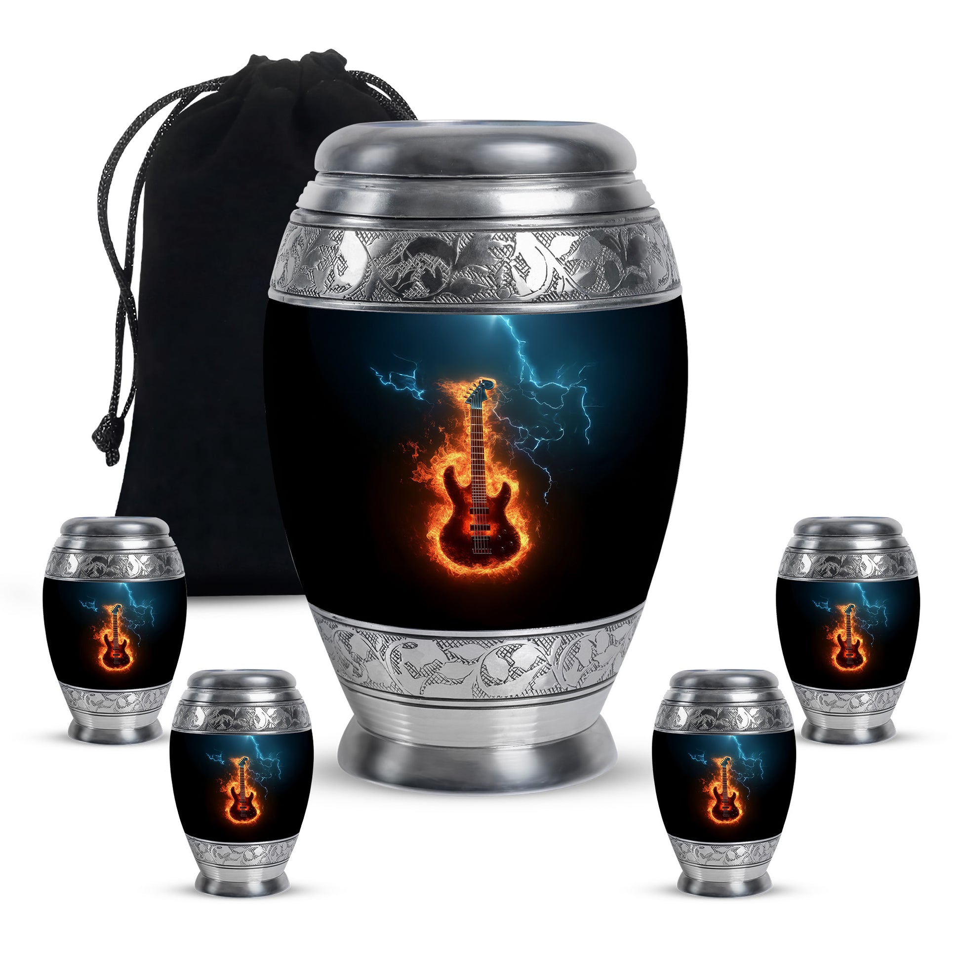 Onyx Black Guitar Cremation Urn detail view - majestic guitar pattern with filigree border - memorial set with one large and four small urns