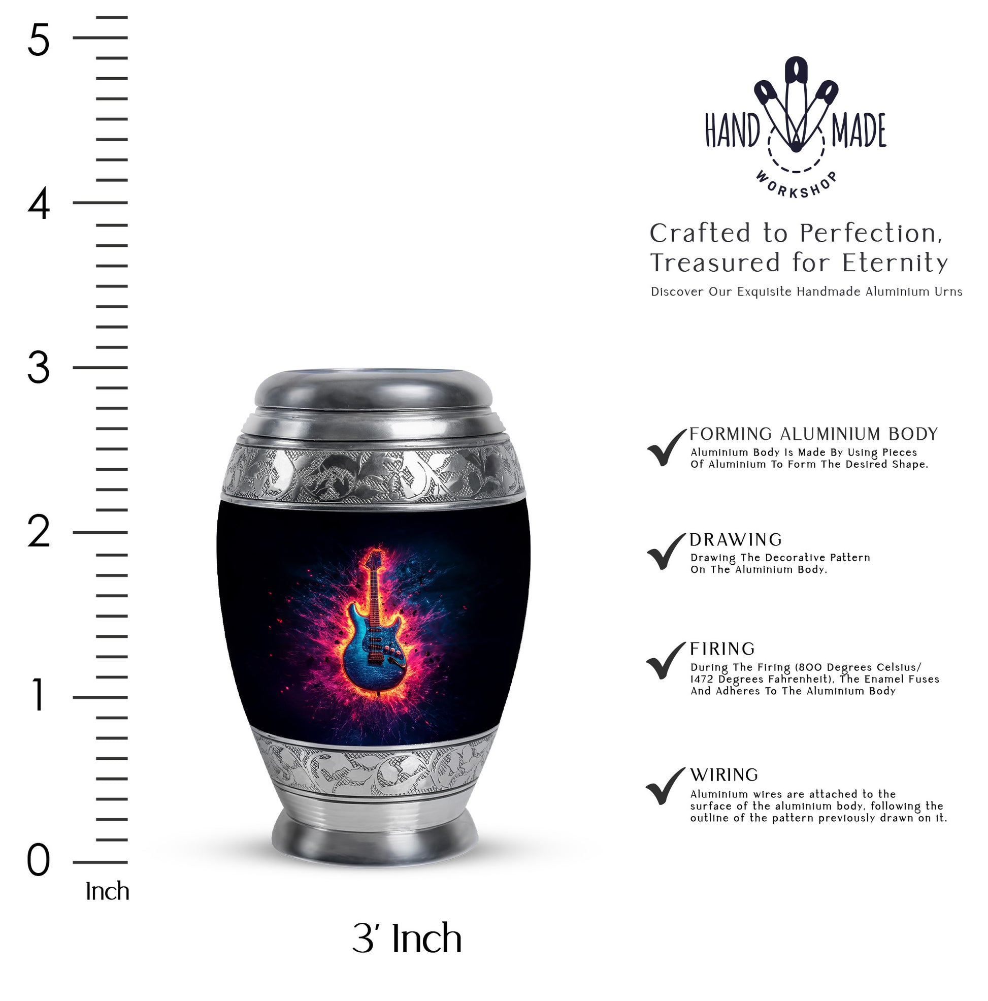 Glossy Black Guitar Cremation Urn lifestyle display on memorial shelf - regal guitar design with crown-inspired accents - mini keepsake memorial for portion of cremation ashes