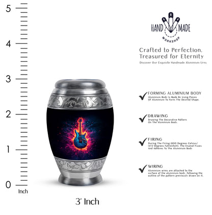 Glossy Black Guitar Cremation Urn lifestyle display on memorial shelf - regal guitar design with crown-inspired accents - mini keepsake memorial for portion of cremation ashes