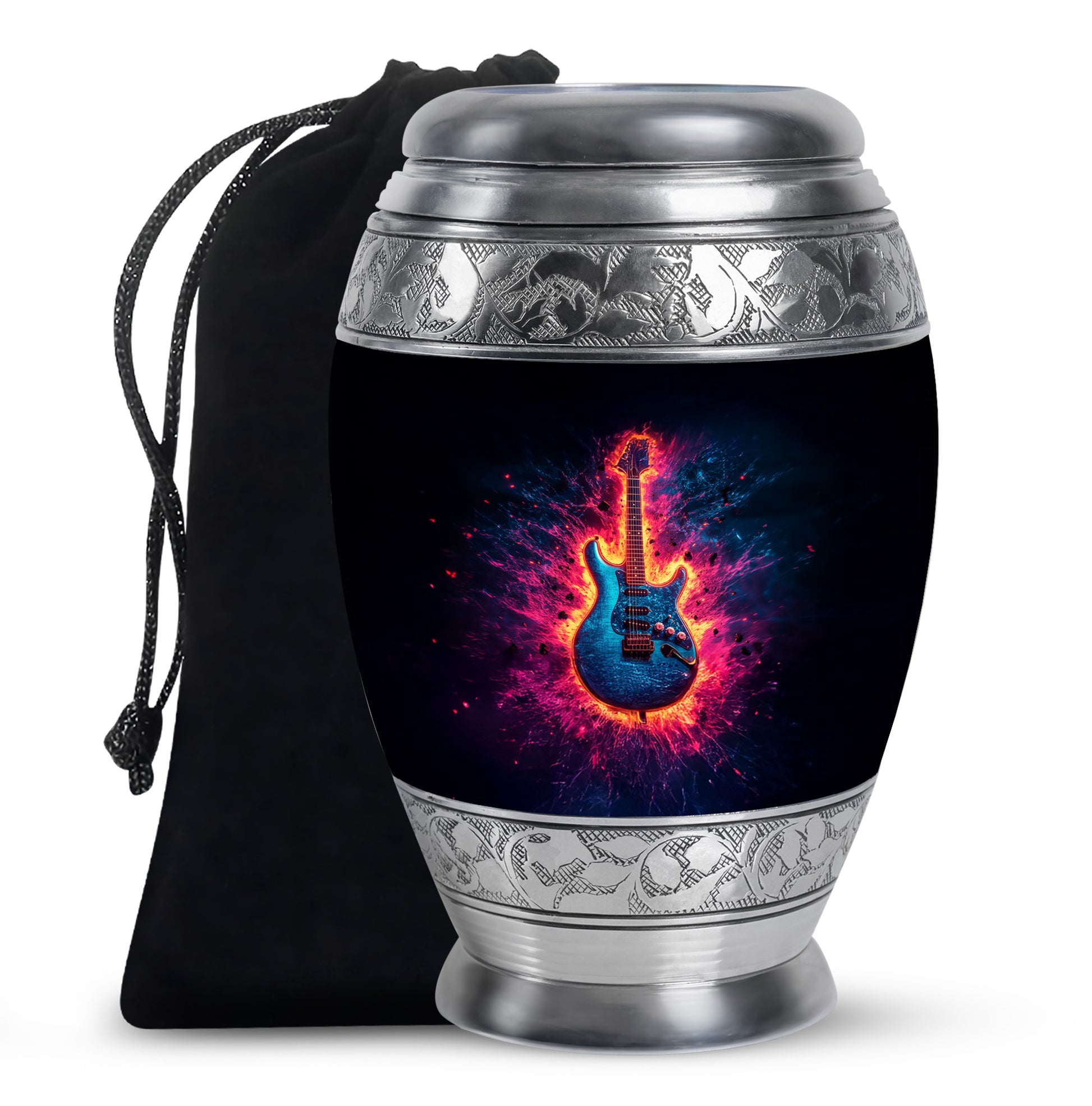 Dark Black Guitar Cremation Urn back view with polished surface - royal guitar engraving with decorative scrollwork - full-size 10 inch 200 cubic inch adult cremation urn