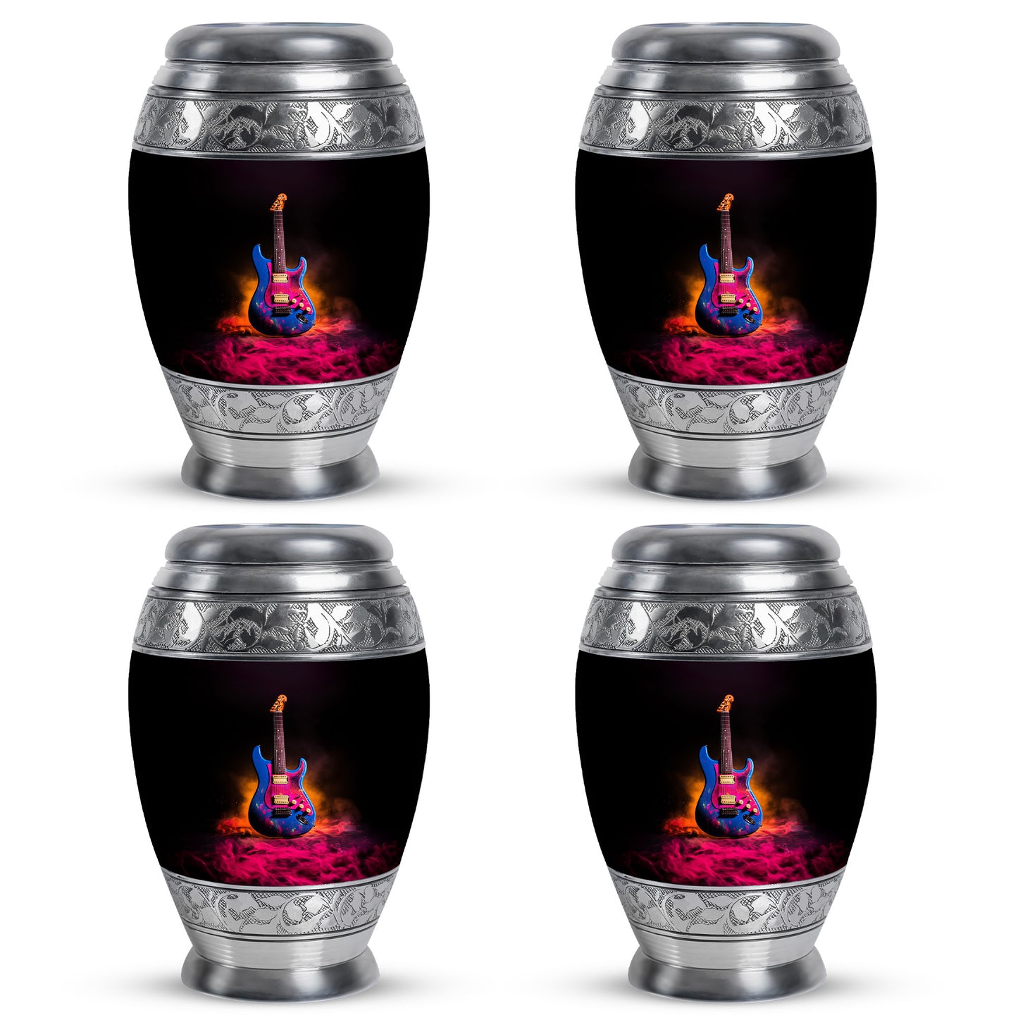 Jet Black Guitar Cremation Urn urn with complimentary velvet bag - regal guitar design with crown-inspired accents - 10 inch aluminum urn for cremated remains