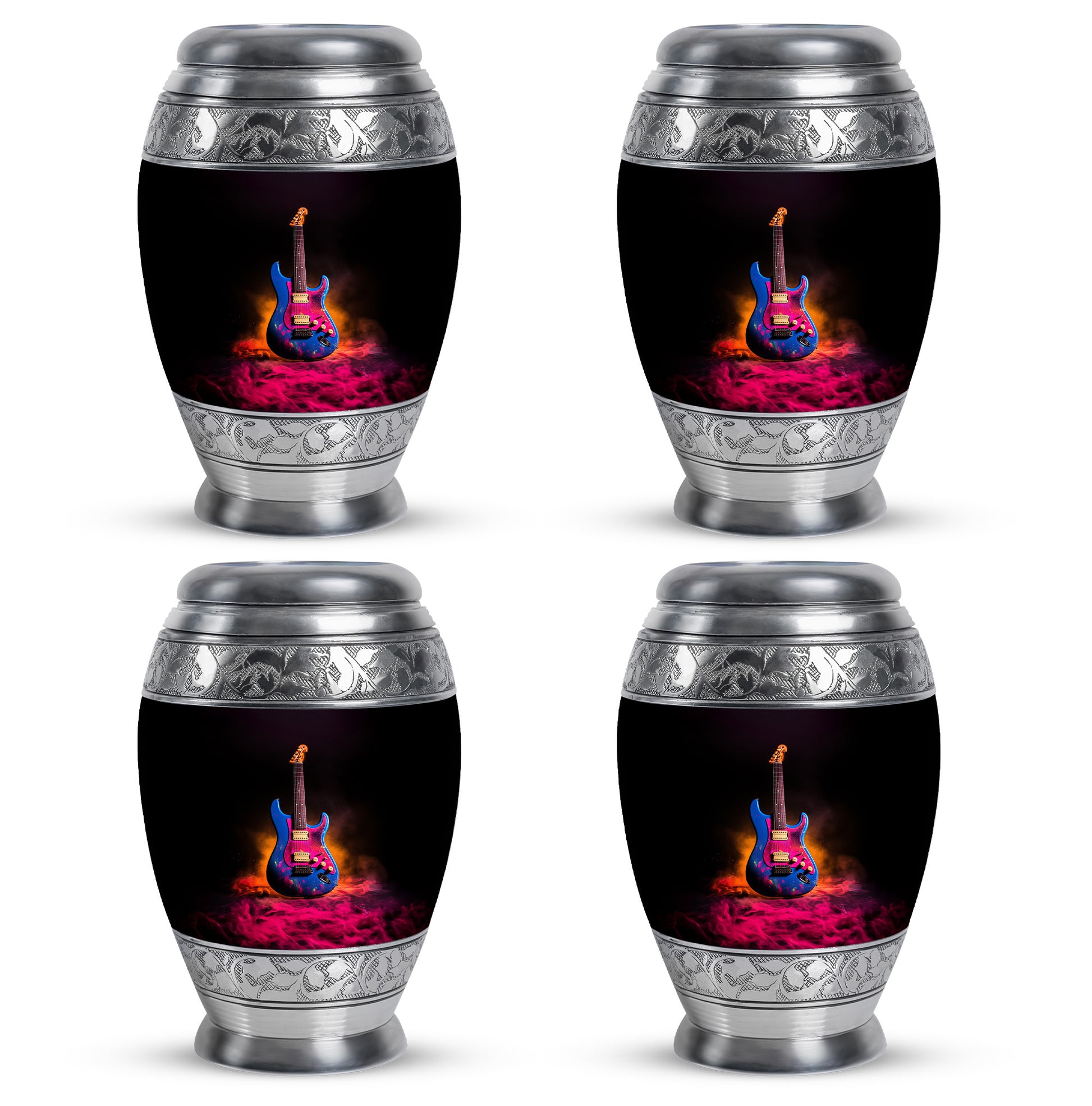 Jet Black Guitar Cremation Urn urn with complimentary velvet bag - regal guitar design with crown-inspired accents - 10 inch aluminum urn for cremated remains